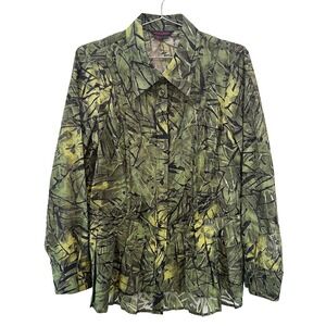 SIMON CHANG Linen Blend Sheer Burnout Button Up Blouse • 12 • green black chic